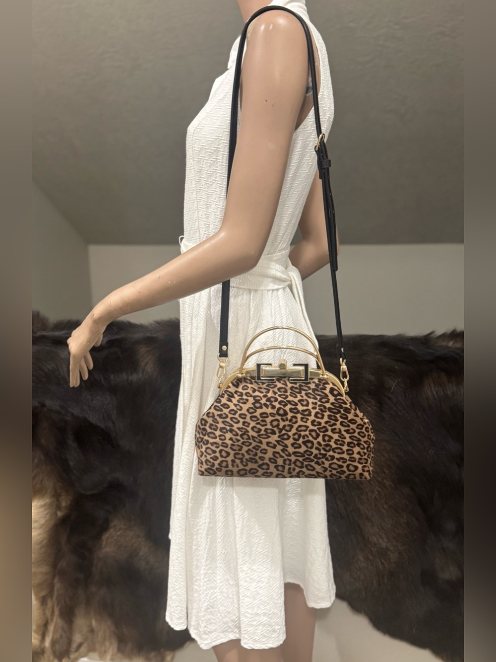 Leopard Print Handmade Real Hair-on Horsehide Top Handle, Push Lock Frame Bag - Picture 10 of 16